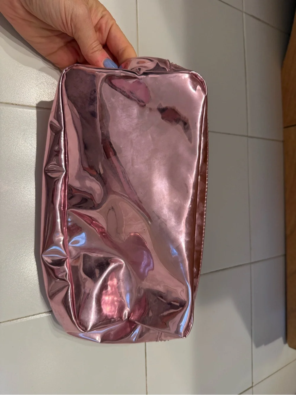 Stoney Clover Lane Metallic Rose Pink Cosmetic Pouch with Rainbow Patch